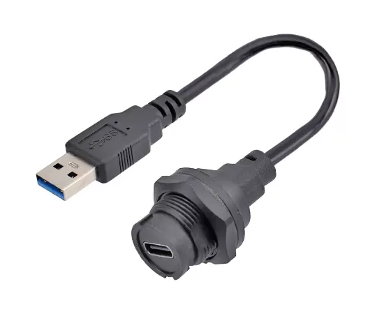 Type-C Female Back Mount Receptacle to USB Male Overmolded Cable (Bayonet)