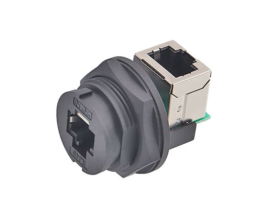 E16 RJ45 암컷 대 여성 (90 °) 등 마운트 리셉터클 (Bayonet)