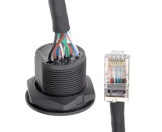 EP-RJ45 패널 전면 설치 여성 소켓/와이어 접착제 충전물이있는 남성 직선 플러그 (나사산)